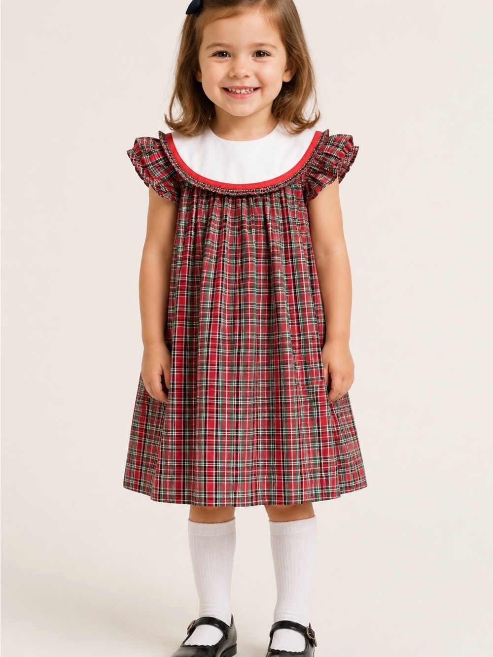 Girls' Red Tartan Smocked Yoke Dress with White Collar Le’Za Me 4T